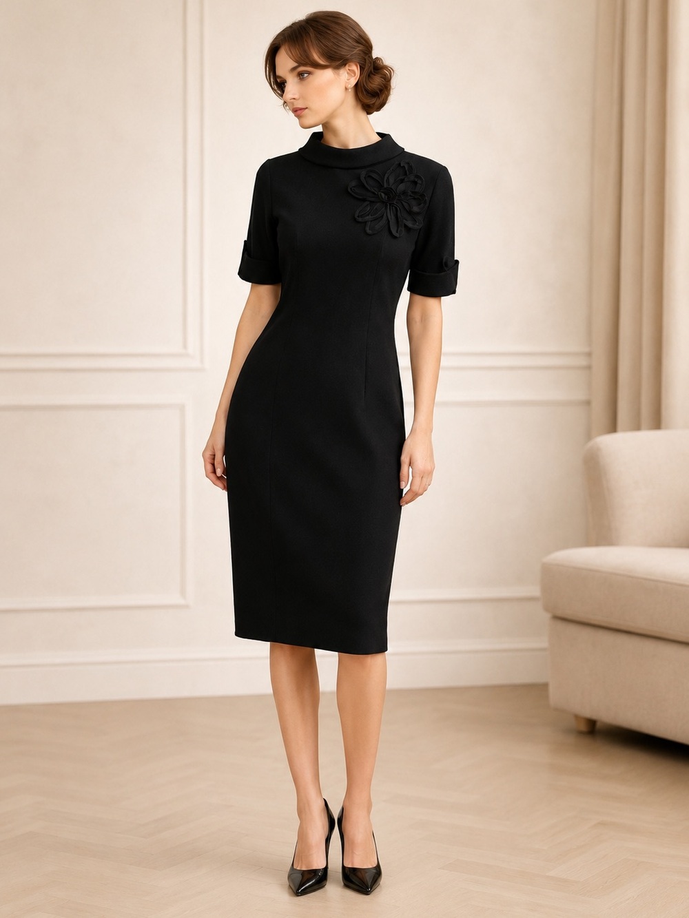 Amelia Toro Couture Wool Midi Dress 3D Floral Appliqué Sculpted Minimalist US 8